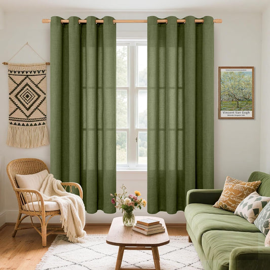 YoungsTex Olive Linen Curtains 72 Inch Length 2 Panels for Living Room, Dark Green Semi Sheer Drapes with Bronze Grommet Window Treatments Light Filtering for Bedroom Dining, 52 X 72 Inch