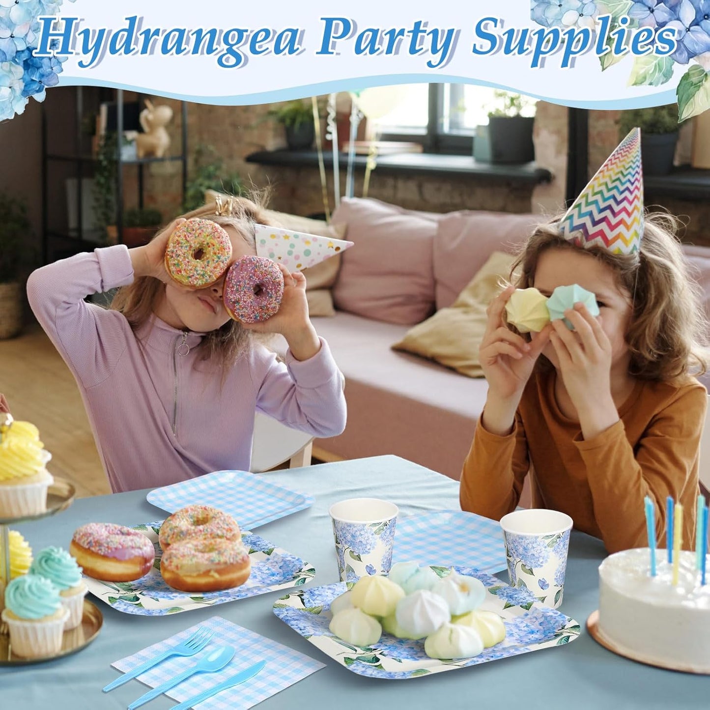 350 Pcs Paper Plates and Napkins Set Disposable Dinnerware Party Supplies Tableware Serve 50 Guest Cups Knife Forks Spoon(Blue,Hydrangea Floral)