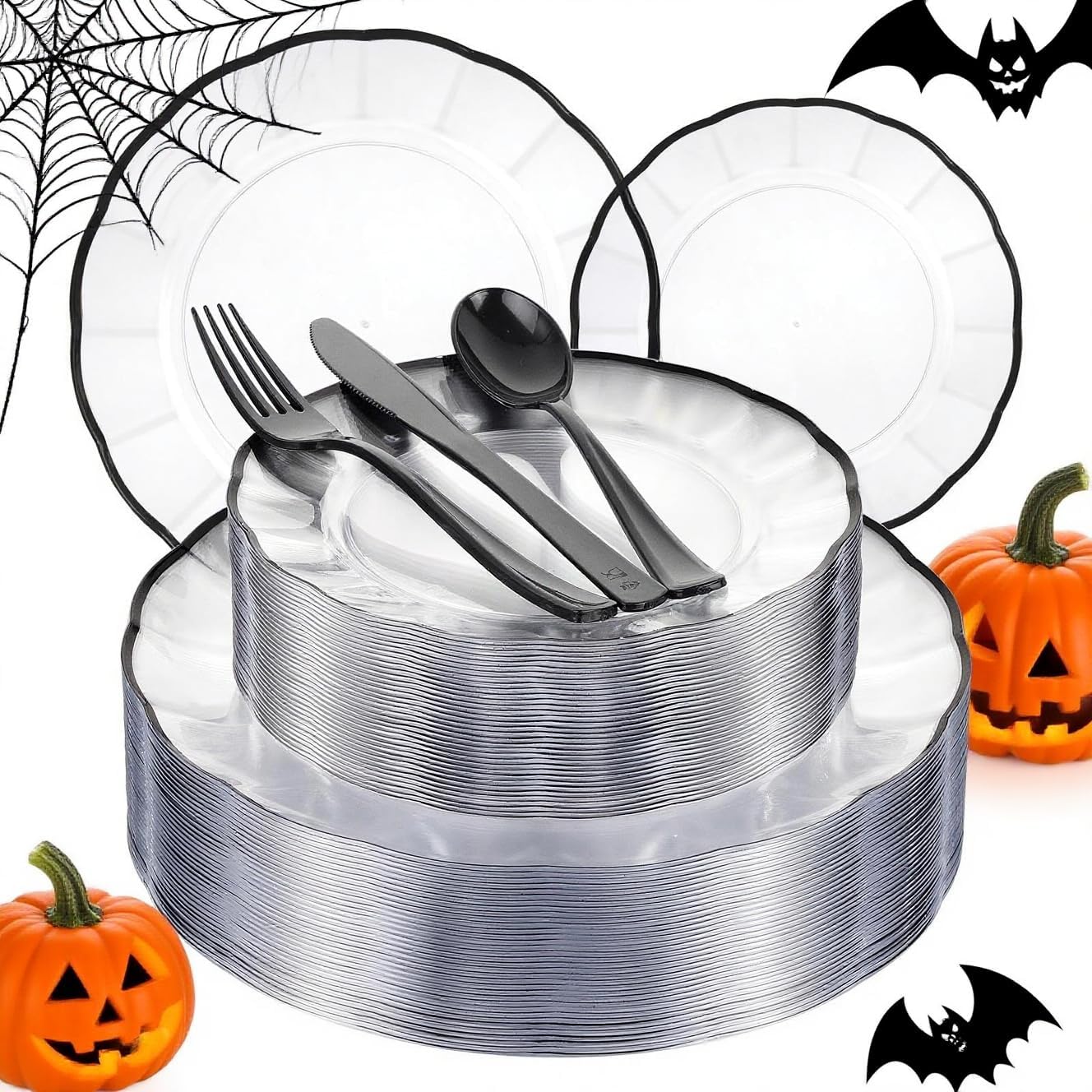 EI 150pcs Clear and Black Plastic Plates Dinnerware Disposable Party Set for 30Guests,Dinnerware Include 60 Clear Plates Disposable 90 Black Silverware,Perfect for Party&Halloween&Wedding