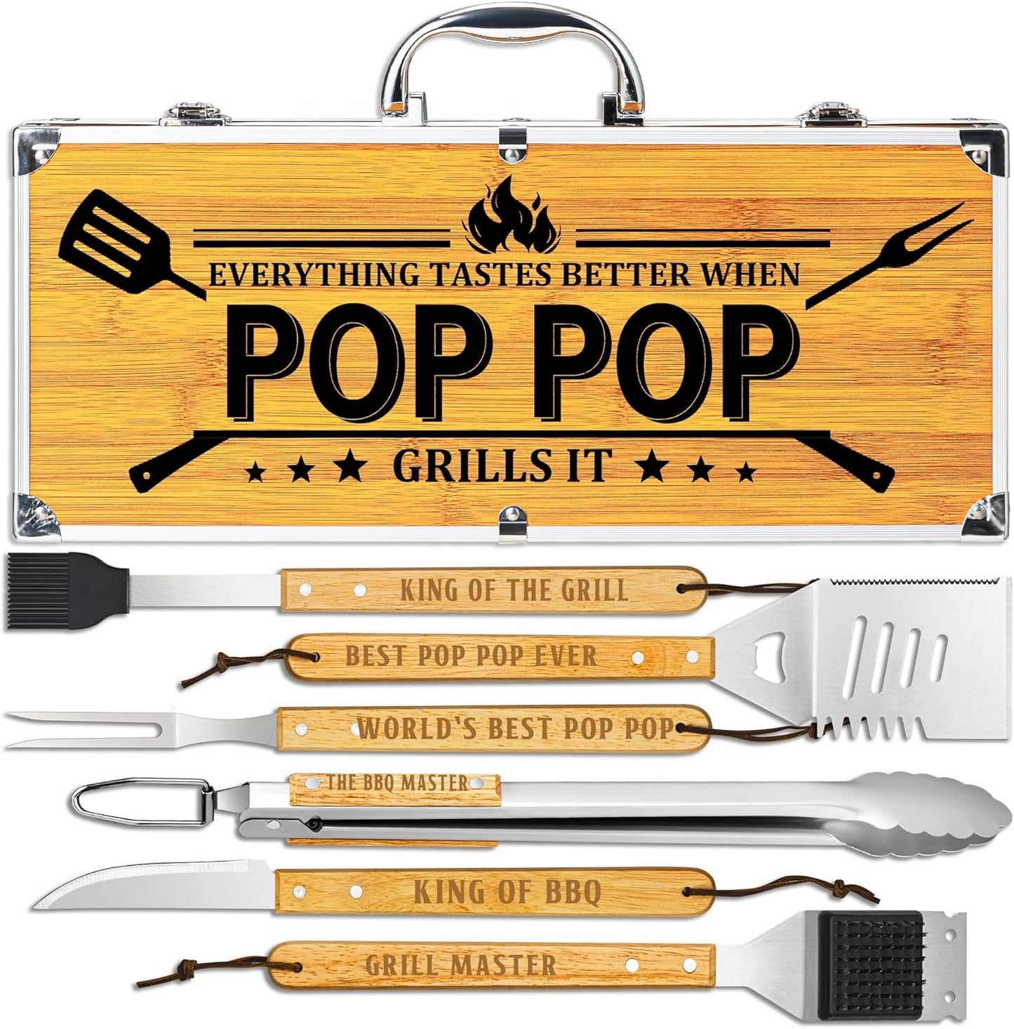 Poppop Gifts from Grandkids, Pop Pop Christmas Grilling Gift Heavy Duty Wooden BBQ Grilling Accessories Kit, Thick Stainless Steel Grill Utensils with Non-Slip Handle Tools in Portable Bag
