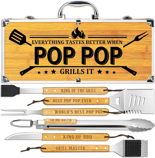 Poppop Gifts from Grandkids, Pop Pop Christmas Grilling Gift Heavy Duty Wooden BBQ Grilling Accessories Kit, Thick Stainless Steel Grill Utensils with Non-Slip Handle Tools in Portable Bag
