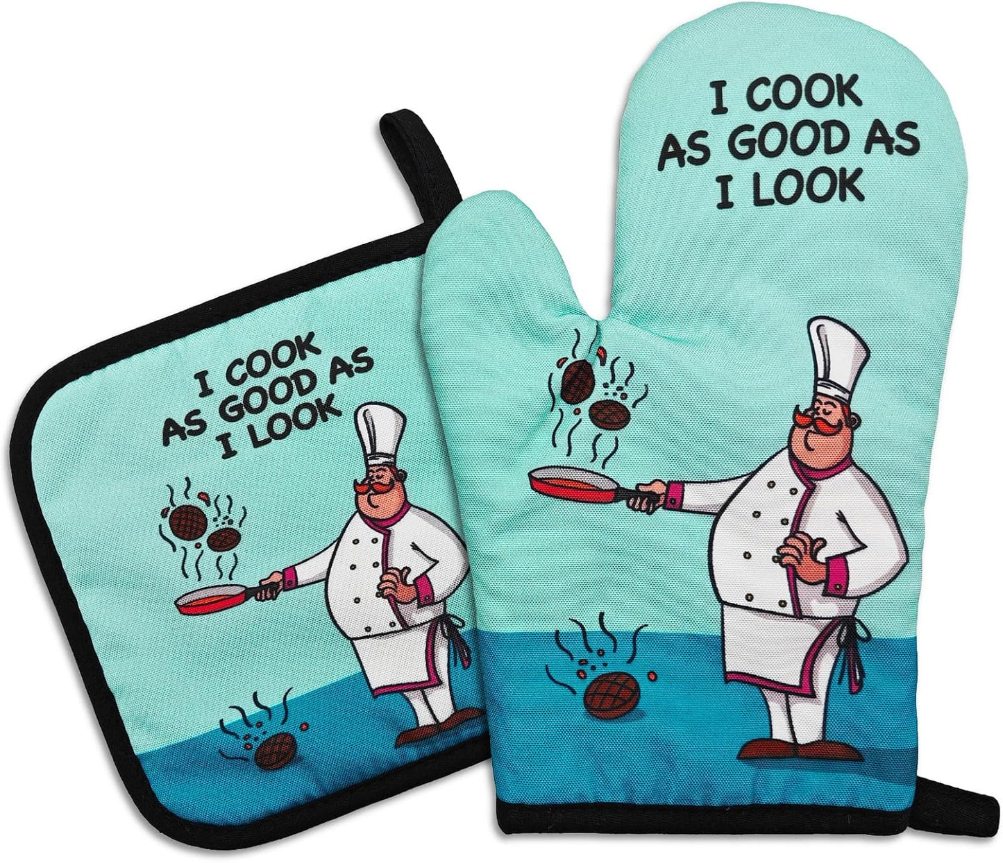 Funny Oven Mitts and Pot Holders（Set of 2） I Cook as Good as I Look Silicone Non-Slip Oven Mitts Heat Resistant Mitts with Hanging Loop Novelty Kitchen Gifts for Chef Cook Lover Man Friend