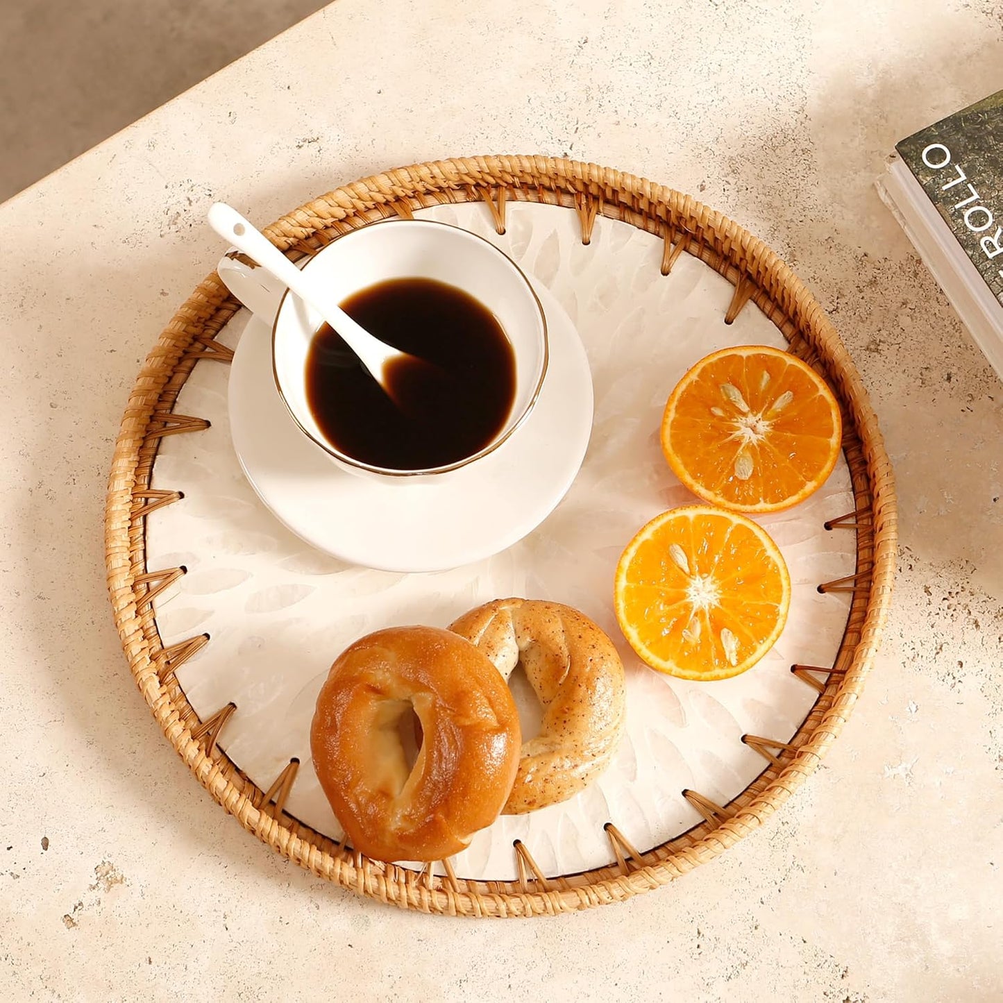 Round Rattan Tray with Mother of Pearl Inlay & Wooden Base - Decorative Wicker Serving Tray for Coffee/Bread/Fruits, Food Storage & Display - Multipurpose Home Decor (M,White Leaves)