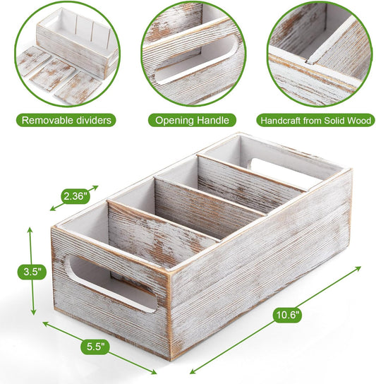 DRASTAR Pantry Organization and Storage Bins, Wooden Seasoning Packet Organizer with Removable Dividers, Retro White Storage Caddy for Kitchen, Pantry, Cabinet, Countertop