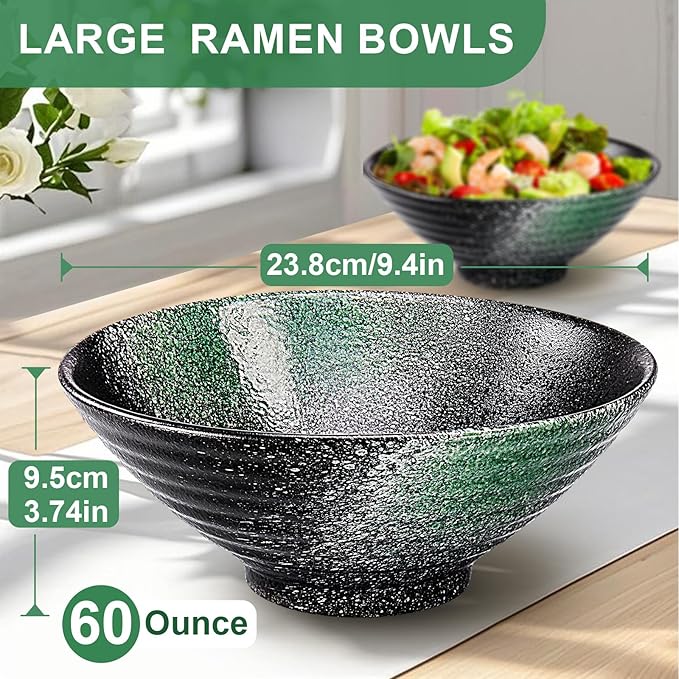 9.4Inch Ceramic Ramen Bowl Set of 2 (9 Piece) - Porcelain Japanese Salad Noodles Cereal Fruit Pasta Soup Large Bowls with Recipes Chopsticks Forks Spoons for Men Women Gift Microwave Dishwasher Safe