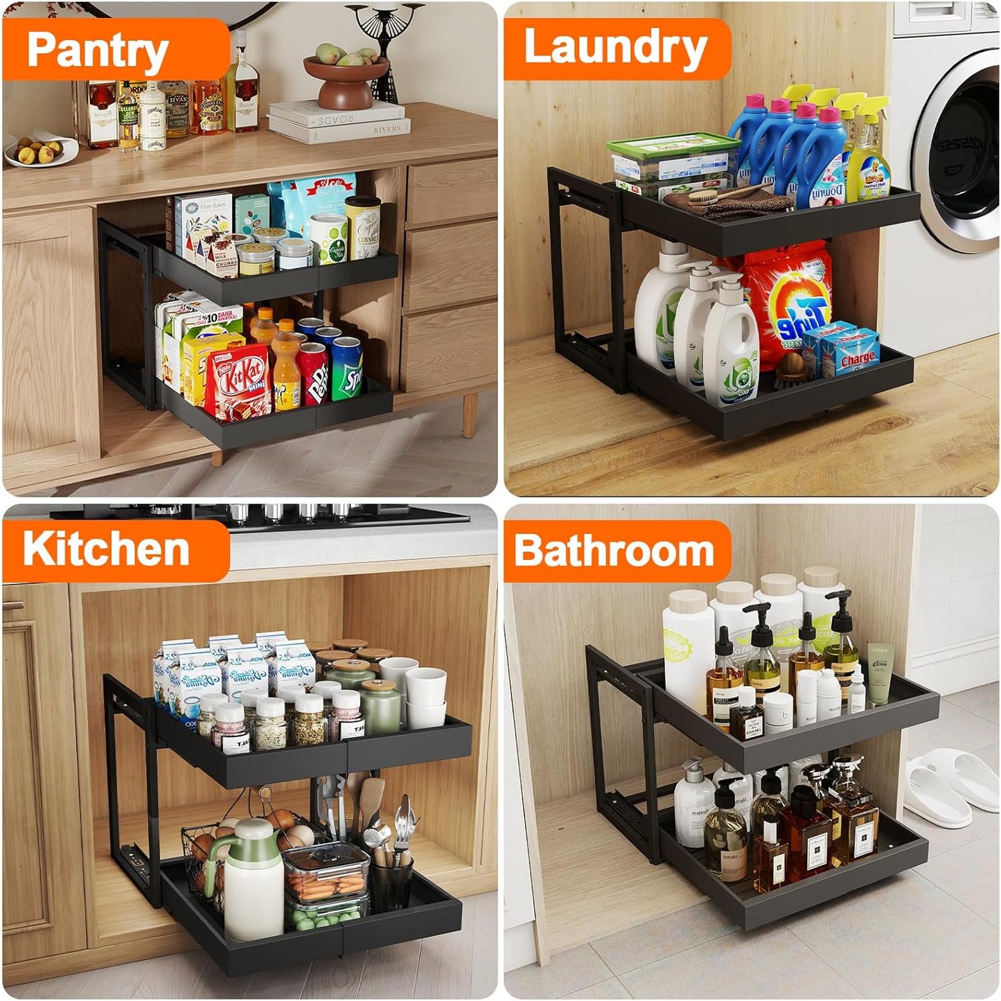 Golener Pull Out Cabinet Organizer - 2 Tiers Expandable Pull-Out Drawers for Kitchen Cabinets, 2 Slide Metal Home Storage Organizers, Slide Out Shelves for Base Cabinet Organization in Kitchen, Black
