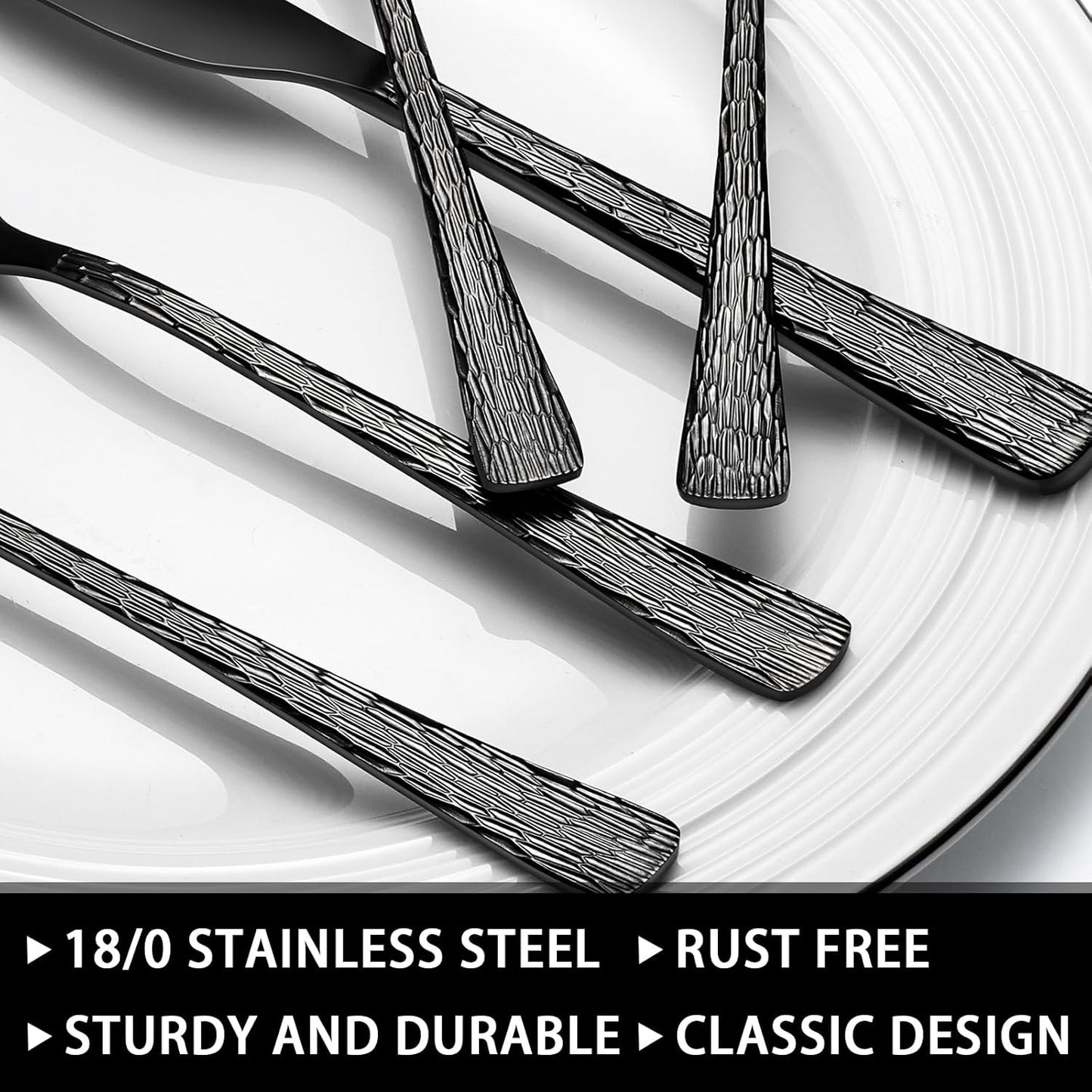 49-Piece Black Silverware Set with Organizer, Stainless Steel Tree Pattern Black Flatware for 8, Cutlery Utensil Sets with Steak Knives, Rust-proof, Mirror Polished, Dishwasher Safe