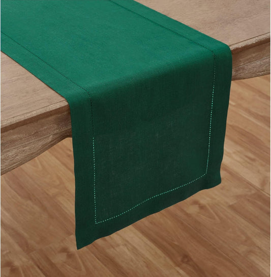 Solino Home Linen Rainforest Green Hemstitch Table Runner 54 Inches - 100% Pure Linen Small Table Runner 14 x 54 Inch Ideal for Dresser and Coffee Tables - Classic Hemstitch - Christmas, Thanksgiving