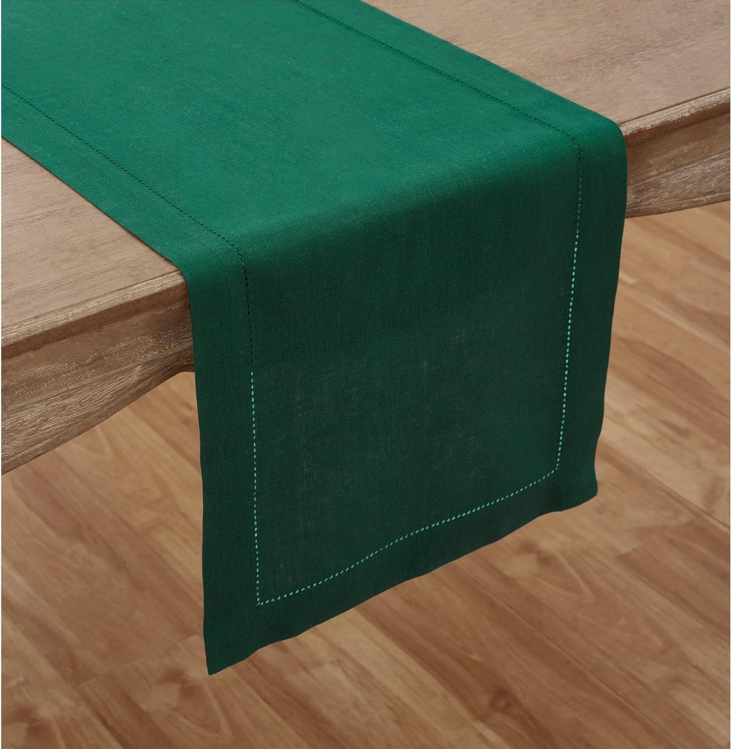 Solino Home Linen Rainforest Green Table Runner 120 Inches Long - 100% Pure Linen Hemstitch 14 x 120 Inch Table Runner for Dining, Fall, Autumn, Thanksgiving, Christmas - Classic Hemstitch