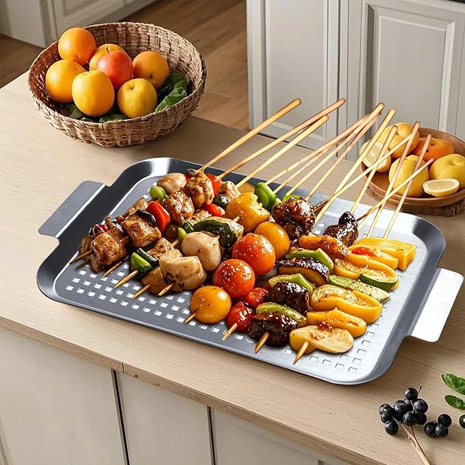 Grill Pan Set of 2, BBQ Grill Topper for Outdoor Grill, Stainless Steel Grilling Baskets with Holes and Handles, Perforated Food Tray Barbecue Accessories for Vegetable, Fish, Small x 2