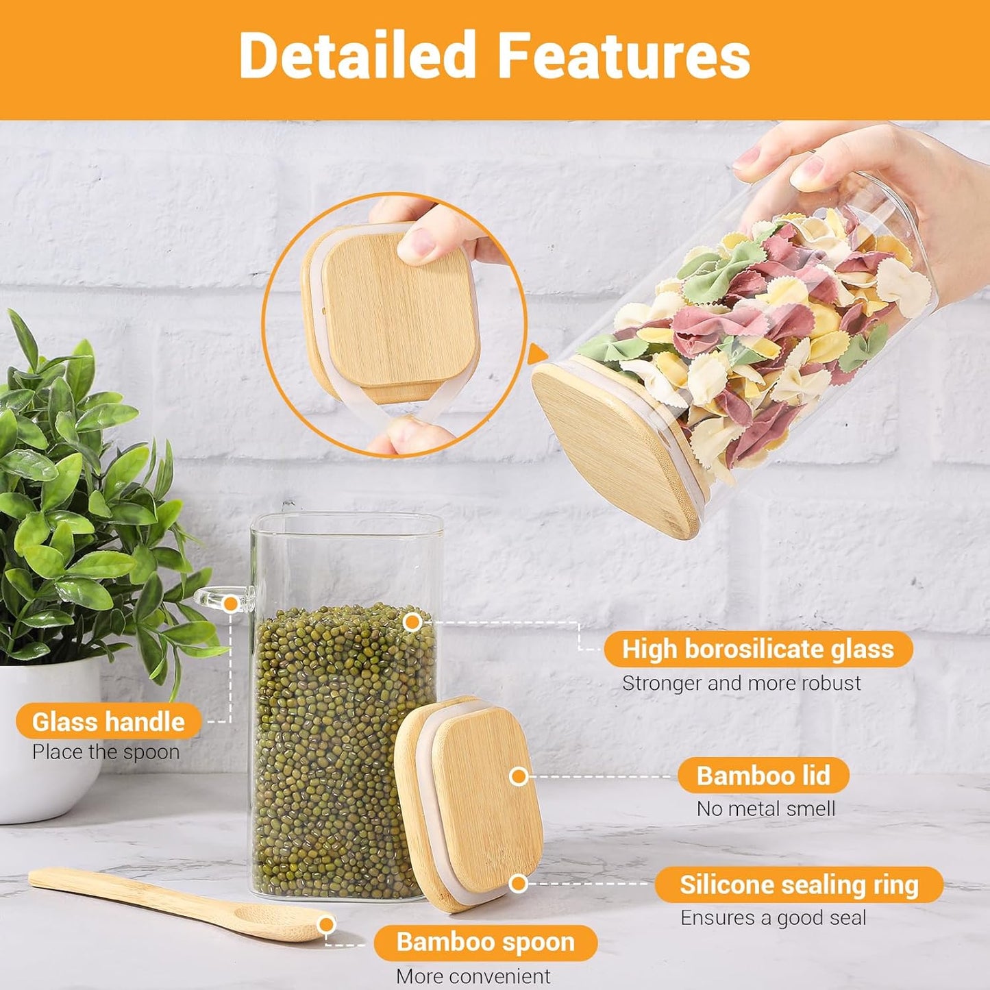 Glass Jars with Bamboo Lids and Spoons - 4 Pack 23 Fl.oz Square Glass Pantry Jars with Airtight Lid, Includes Labels and Marker, Loose Leaf Tea Storage Container for Sugar, Coffee, Oats, Candy