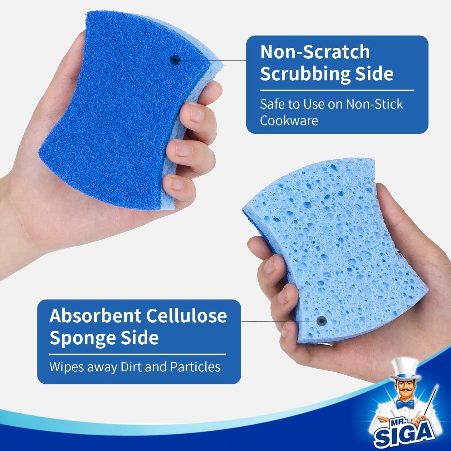 MR.SIGA Non-Scratch Cellulose Scrub Sponge, Dual-Sided Dishwashing Sponge for Kitchen, 12 Pack