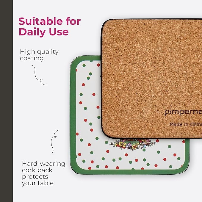 Pimpernel Polka Dot Coaster Set – 4-Inch Square Cork-Backed Drink Mats with Lacquered Finish, Heat & Stain Resistant Tabletop & Dining Accessories, Decorative Coffee, Tea & Beverage Protection