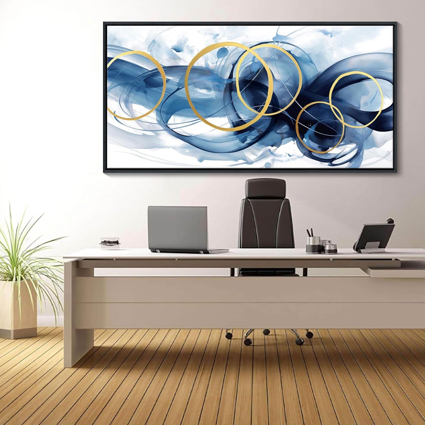 HKDGOKA Abstract Wall Art Living Room - Framed Large Canvas Gold Blue Gradient Canvas Paintings Wall Artwork Modern Office Bedroom Pictures for Kitchen Bathroom Wall Decor 29x58 In