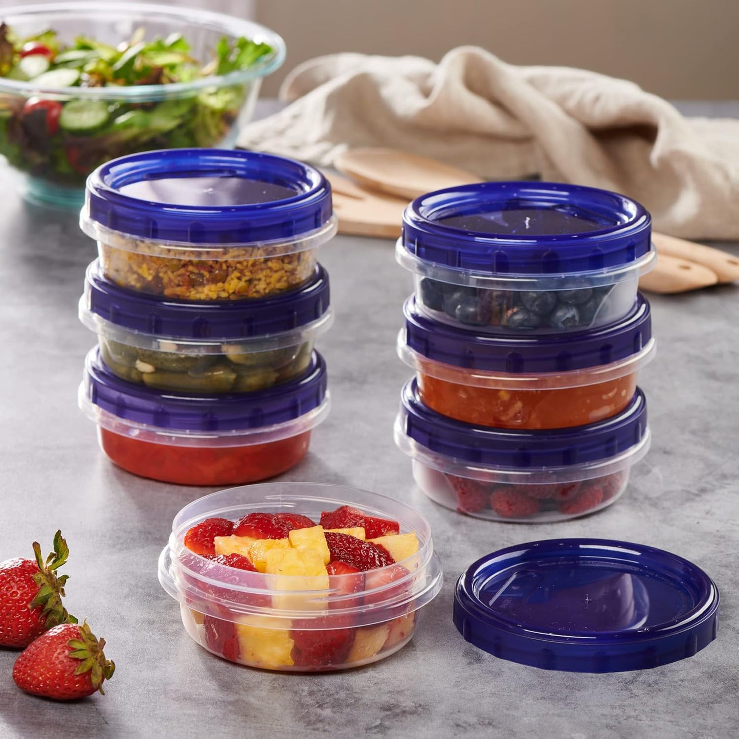 PLASTICPRO 6 Pack Twist Cap Food Storage Containers with Blue Screw on Lid- 8 oz Reusable Meal Prep Containers - Freezer and Microwave Safe Blue Plastic Food Storage