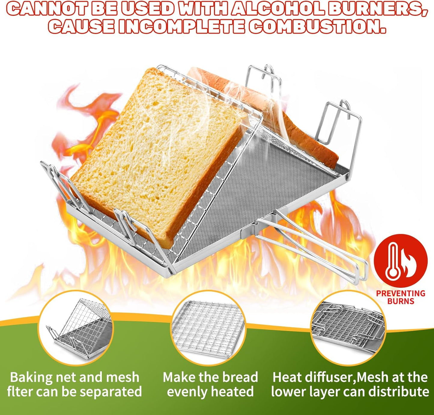 Foldable Camping Toaster,Stainless Steel Collapsible Toaster Rustproof & Heat-Resistant Design for Hiking, Picnic and Outdoor Use