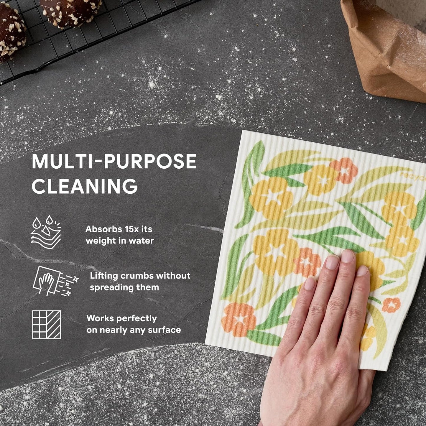 RECYCO Swedish Dishcloths for Kitchen | 5 Pack Matisse Floral Washable Dish Rags | Cellulose Reusable Cleaning Paper Towels | Absorbent Counter Dish Cloth Sponge Kitchen Wipes, 8" L x 7" W