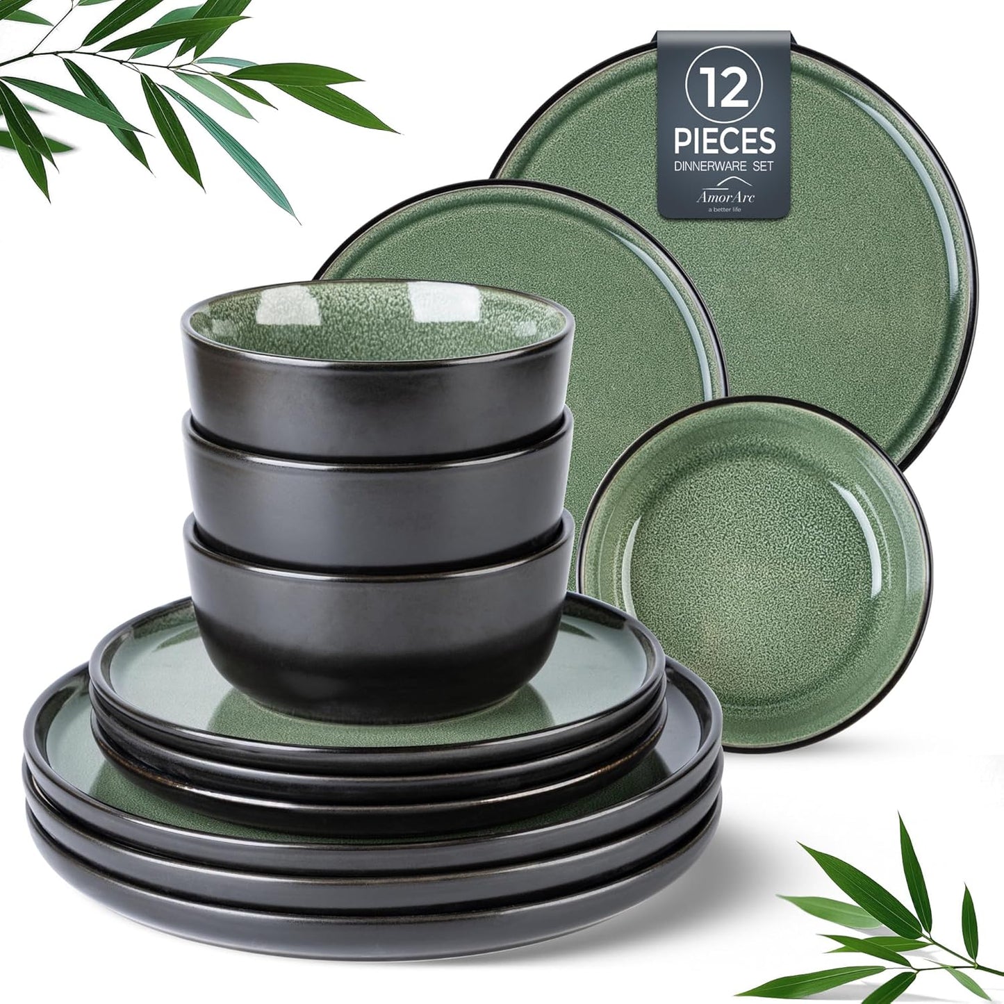 AmorArc Stoneware Dinnerware Sets,Round Reactive Glaze Plates and Bowls Set,Highly Chip and Crack Resistant | Dishwasher & Microwave Safe Dishes Set,Service for 4 (12pc)