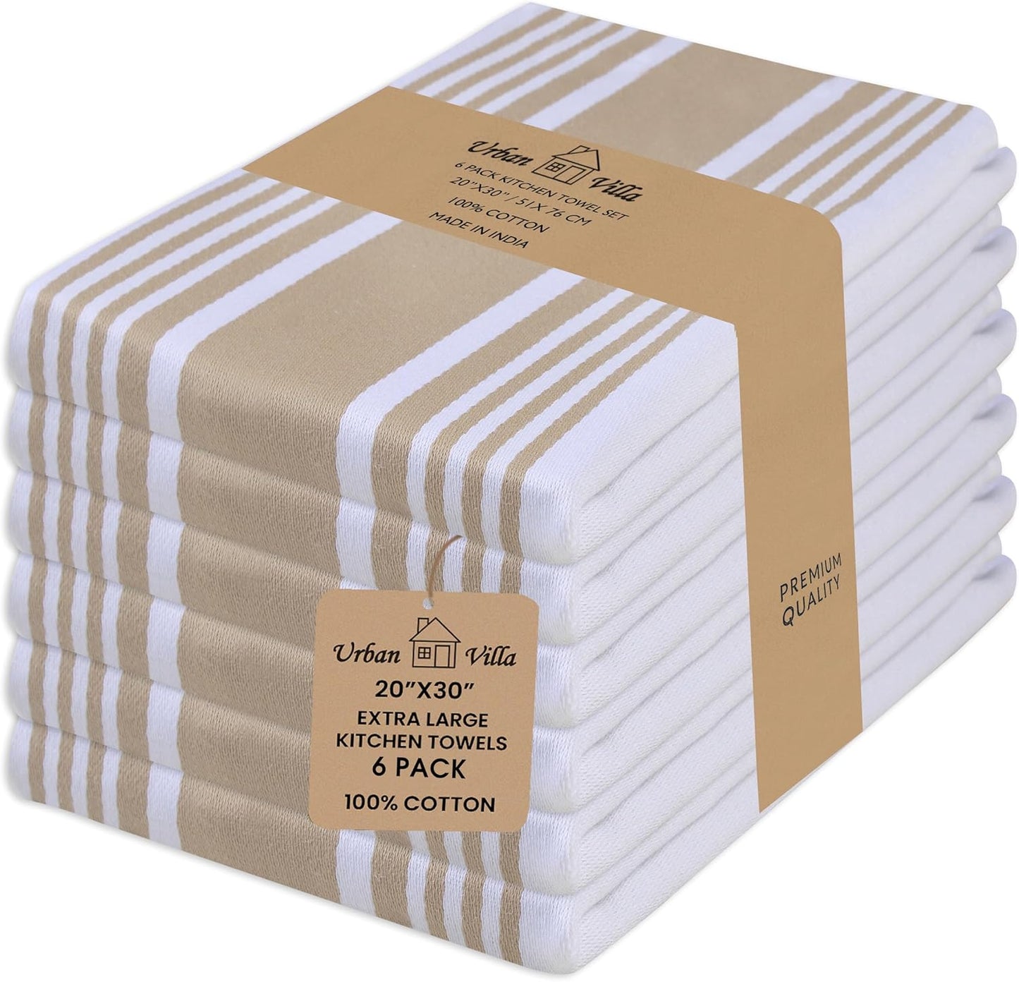 Urban Villa Kitchen Towels 100% Cotton Pack of 6, Highly Absorbent Quick Drying Super Soft Premium Dish Towels for Kitchen with Hanging Loop Hand & Tea Towels - 20x30 Inch, (Taupe & White, Striped)