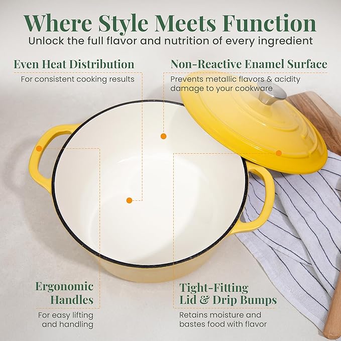 Larder & Vine Enameled Cast Iron 5.7qt Dutch Oven Pot with Lid | Bread Baking | Compatible on All Cooktops & Oven Safe to 500° F | Great for Sourdough Bread | Limoncello