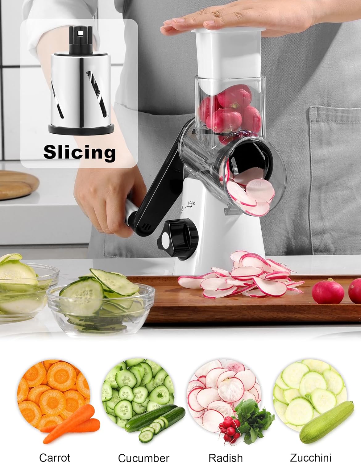 Cheese Grater Rotary, Rotary Grater for Kitchen, Kitchen Grater Vegetable Slicer with 3 Drum Blades, Fast Cutting Cheese Shredder for Vegetables and Nuts