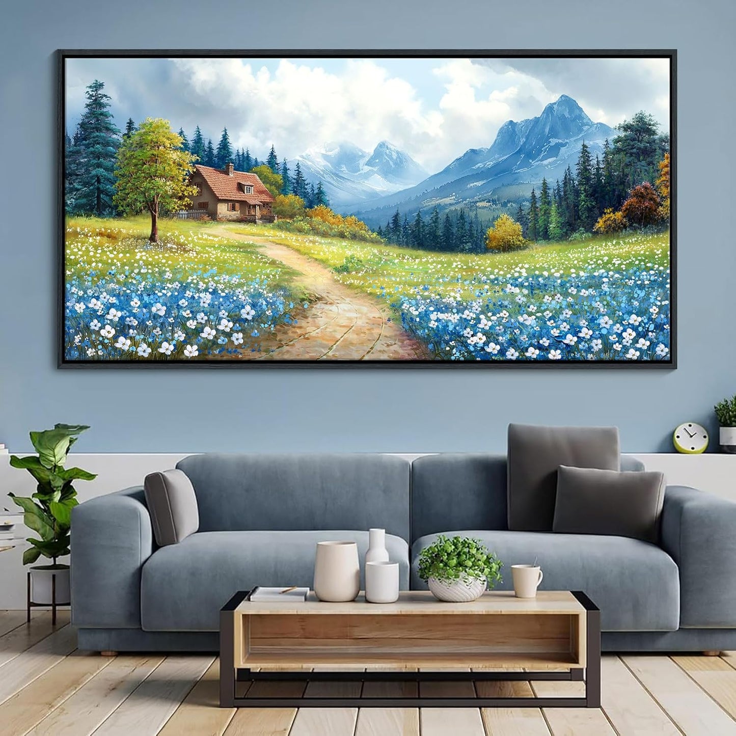 CHATYOUNG Large Mountains Wall Art, Rustic Blue Forest Wild Flowers Wall Picture Path Cottage Landscape Framed Wall Paintings for Living Room Bedroom kitchen Home Decor Gifts for Women 29"X58"
