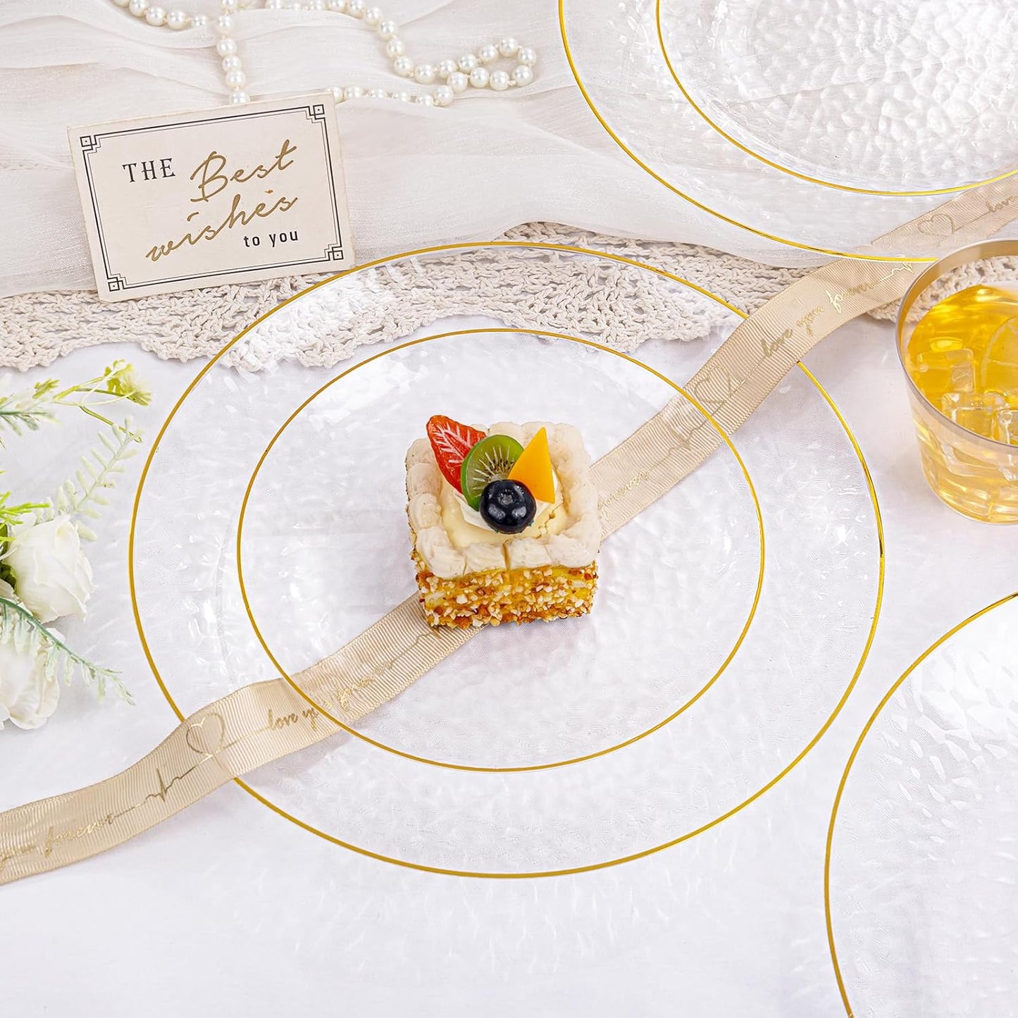 Rubtlamp 175 Pcs Plastic Dinnerware Set (25 Guests), Clear And Gold Plastic Plates, Hammered Party Plates Include Dinner Platos, Dessert Platos, Cups, Gold Cutlery Set And Napkins for Thanksgiving