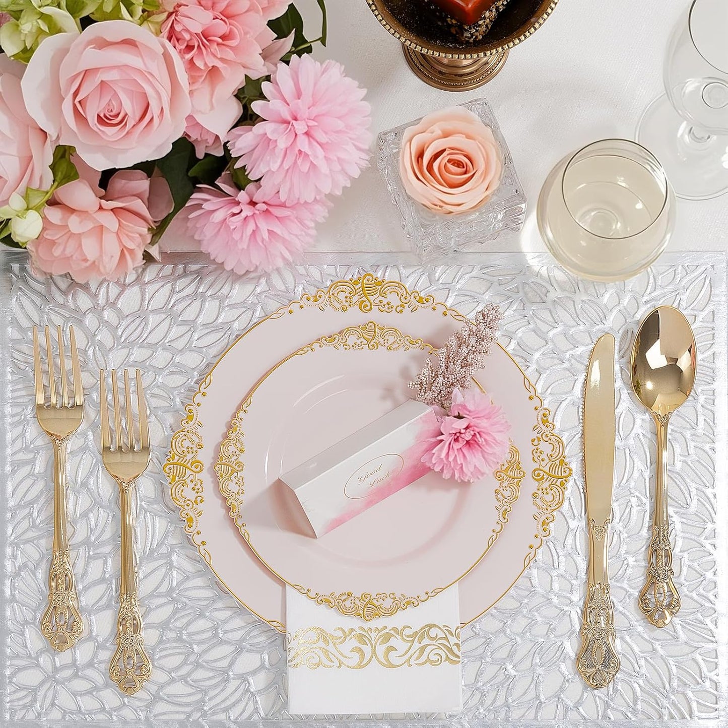 Ciaell 300PCS Pink and Gold Plastic Plates - Pink Disposable Dinnerware Sets for 50 Guests - 100 Plates, 50 Knives, 50 Forks, 50 Spoons, and 50 Napkins for Wedding, Anniversary and Party