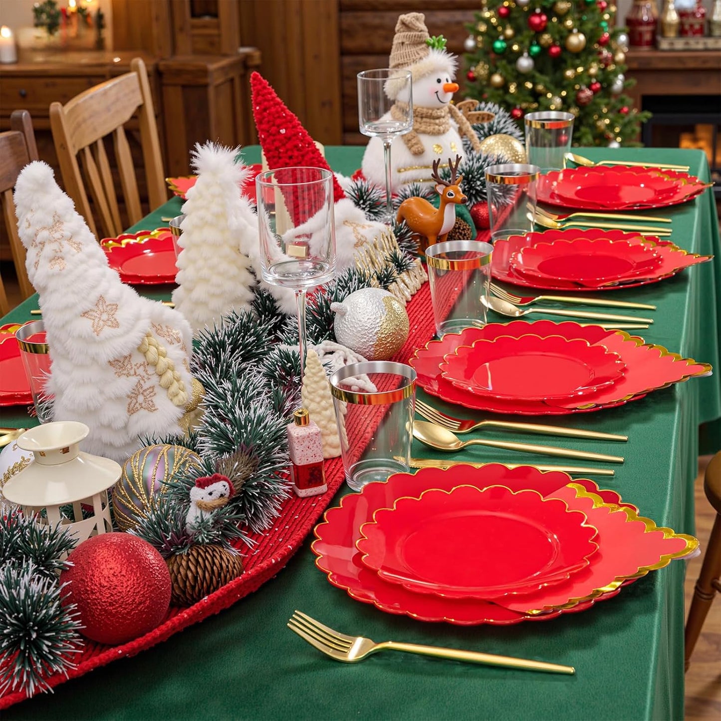 LIYH 210 Pcs Red Plastic Plates Christmas Plates and Napkins Disposable Christmas Dinnerware Set Gold Rim Scalloped Plate Include Dinner & Dessert Plate Gold Plastic Silverware Cups for Party Xmas Day