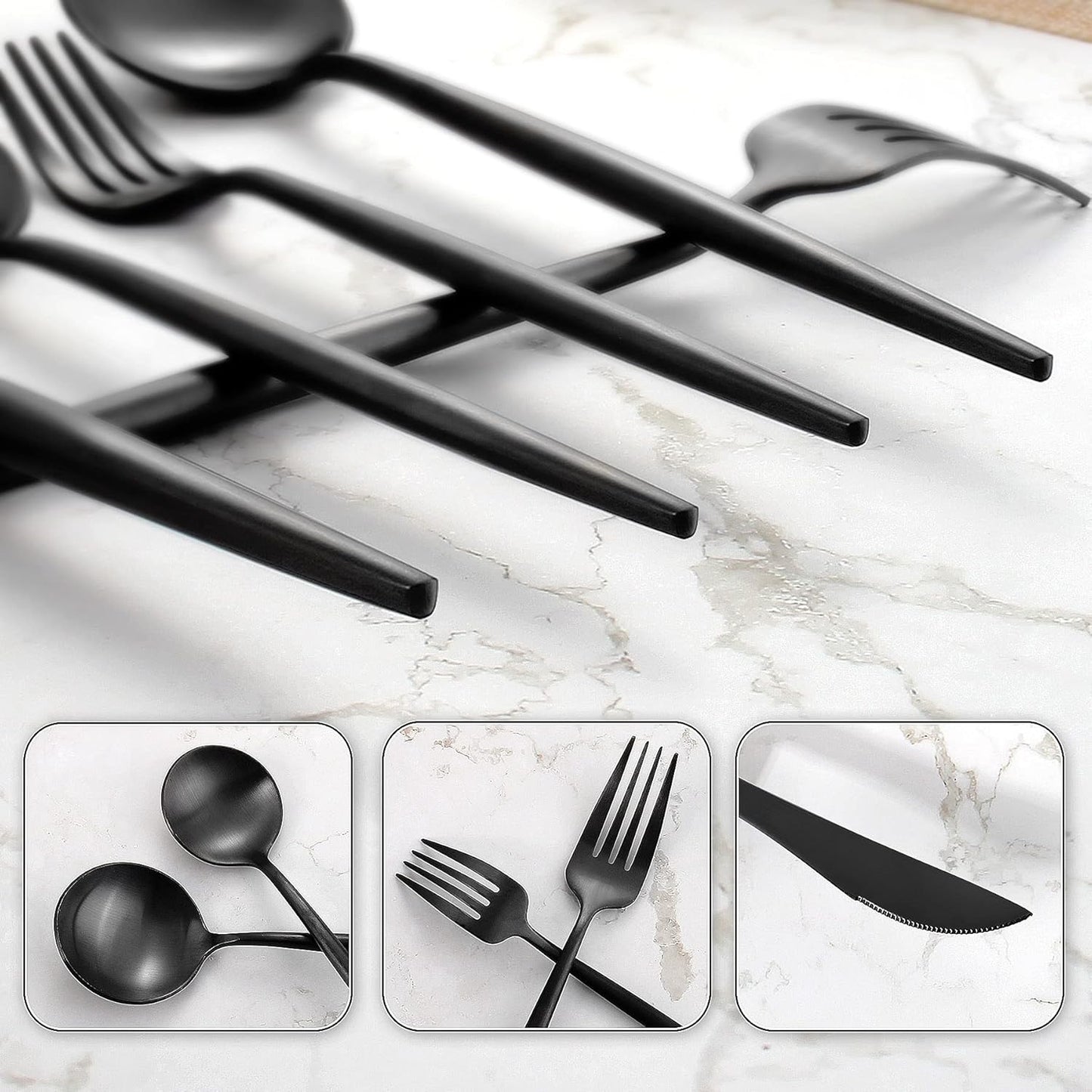 Matte Black Silverware Set for 12, IBIILII JEFF 60 Pieces Stainless Steel Flatware Set，Kitchen Utensil Set, Tableware Cutlery Set, Knife Spoons And Forks Set, Satin Finished Polished & Dishwasher Safe