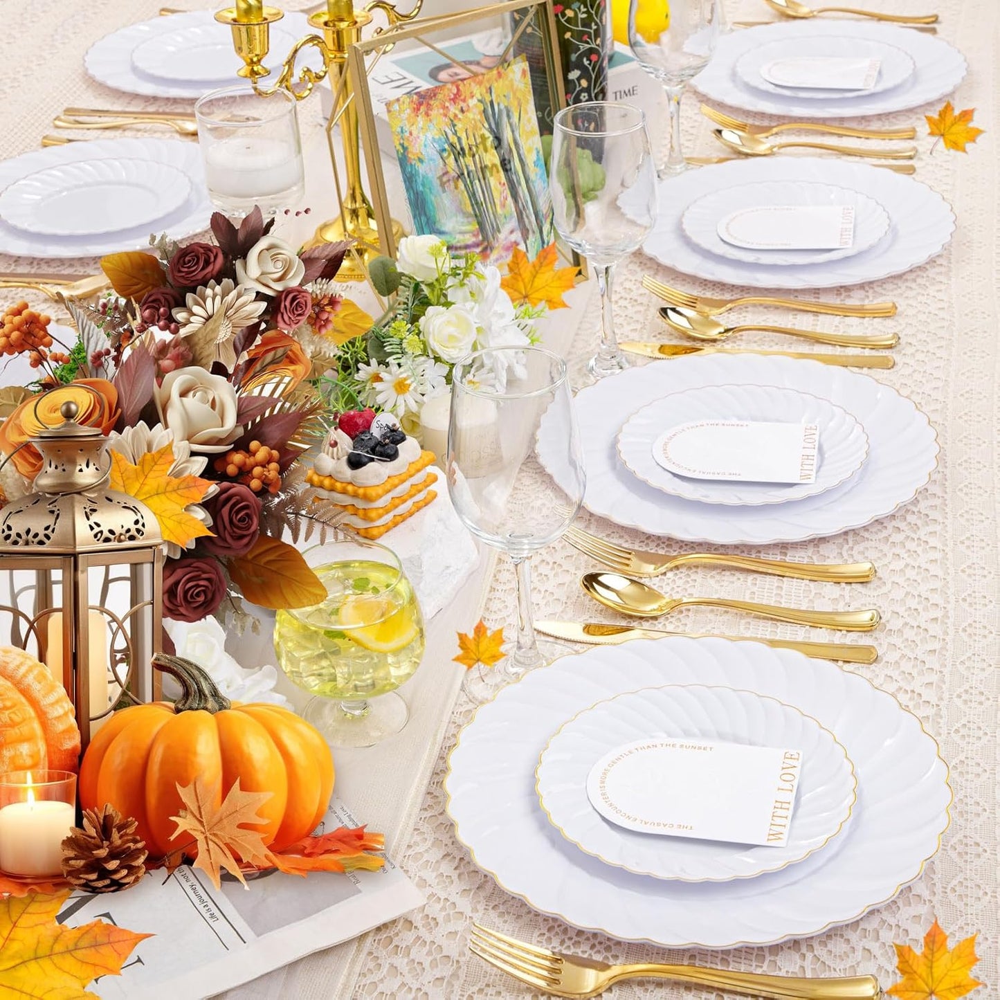 YOUBET 125PCS White Plastic Plates with Gold Rim, Gold Plates Disposable with Golden Silverware Include 25 Dinner Plate 25 Dessert Plate 25 Forks 25 Knives 25 Spoons For Wedding, Parties Thanksgiving