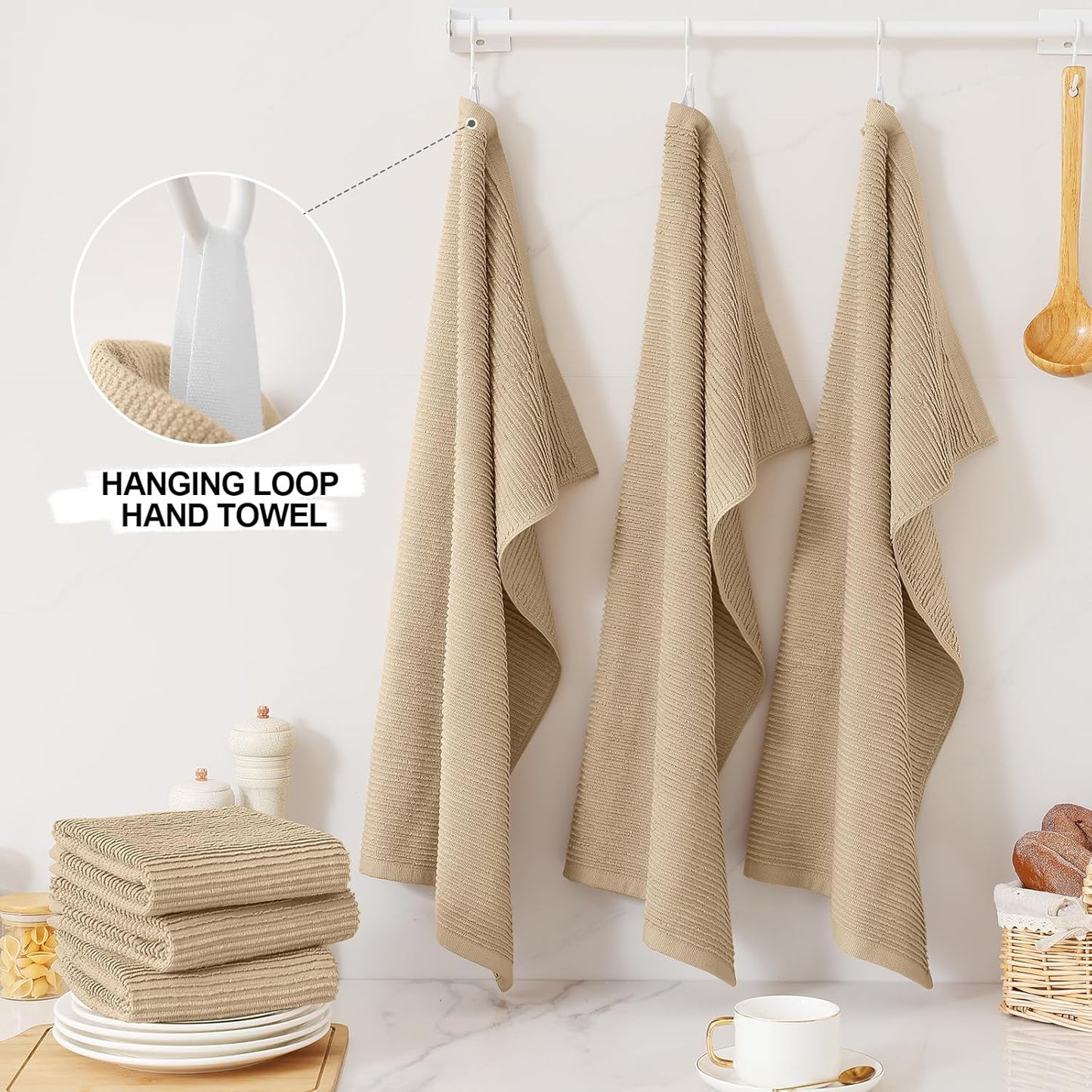 Homaxy Premium Kitchen Towels (18"x 28", 8 Pack), Large 100% Cotton Kitchen Hand Towels, Ultra Absorbent Ribbed Terry Tea Towels Set with Hanging Loop, Khaki