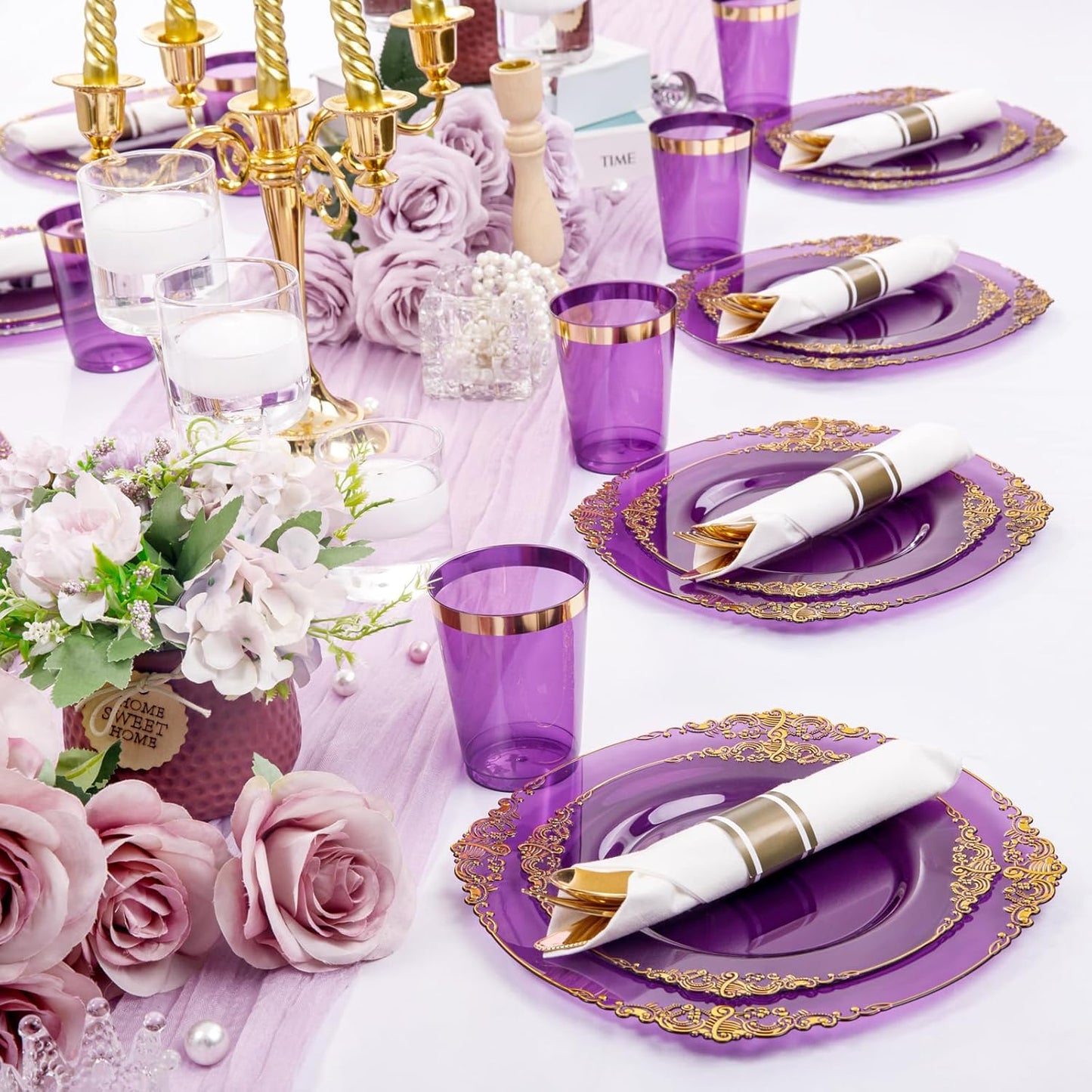 Hioasis 210pcs Purple and Gold Plastic Plates - Elegant Disposable Dinnerware Set Suitable for 30 Guests Include 10.25 Dinner & 7.5 Dessert Plates, Pre Rolled Silverware Set, Cups for Party & Wedding
