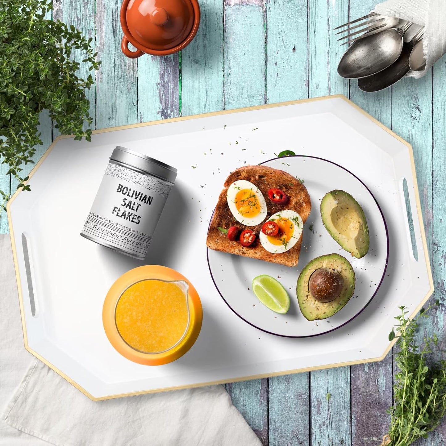 White Decorative Tray with Handles, Octagon Versatile Serving Tray for Coffee Table, Ottoman, Ideal for Serving, Displaying, Organizing