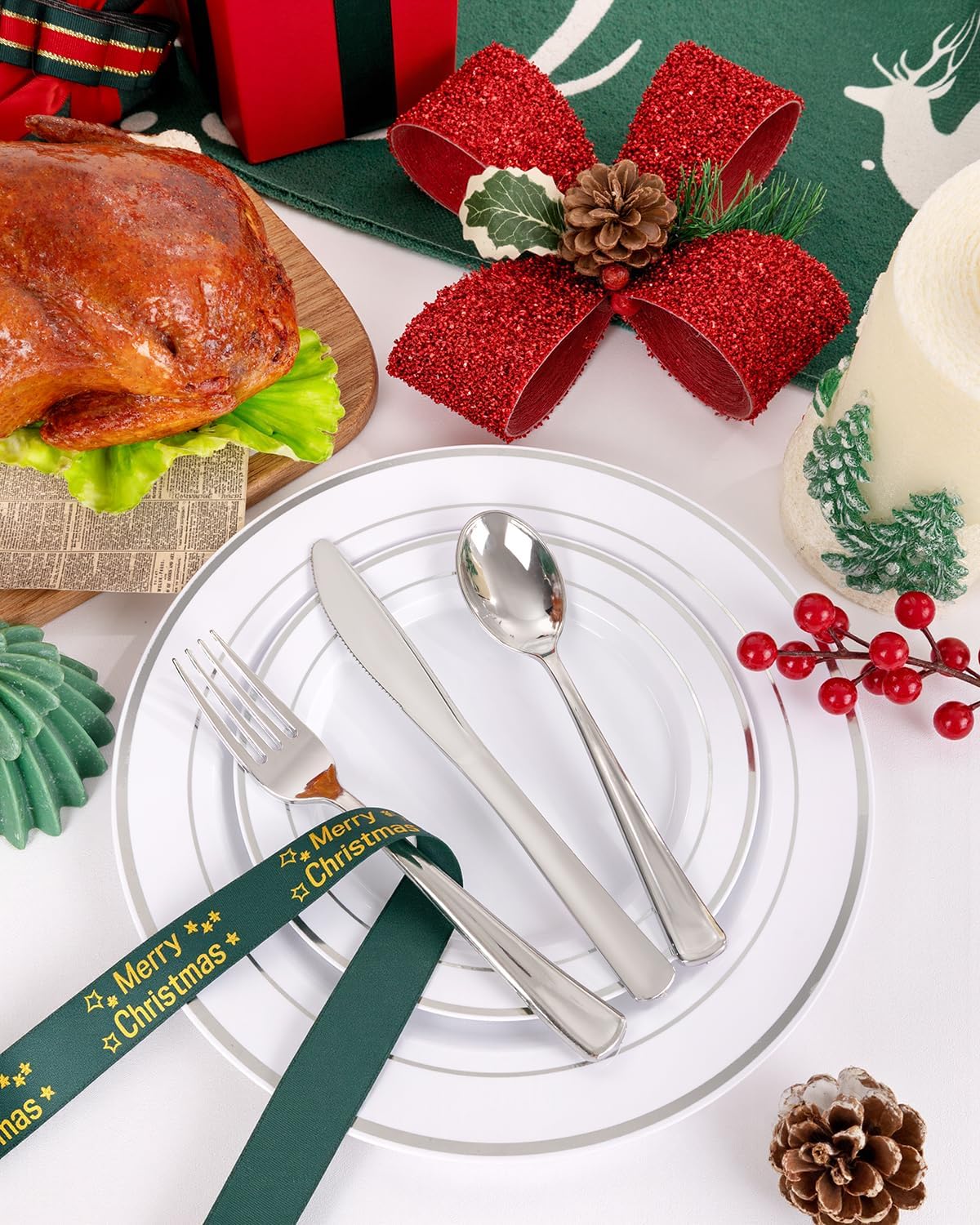 WDF 175PCS White and Silver Plastic Plates - Christmas Plastic Plates - 25Guests Silver Disposable Dinnerware Sets for Wedding/Birthday/Christmas