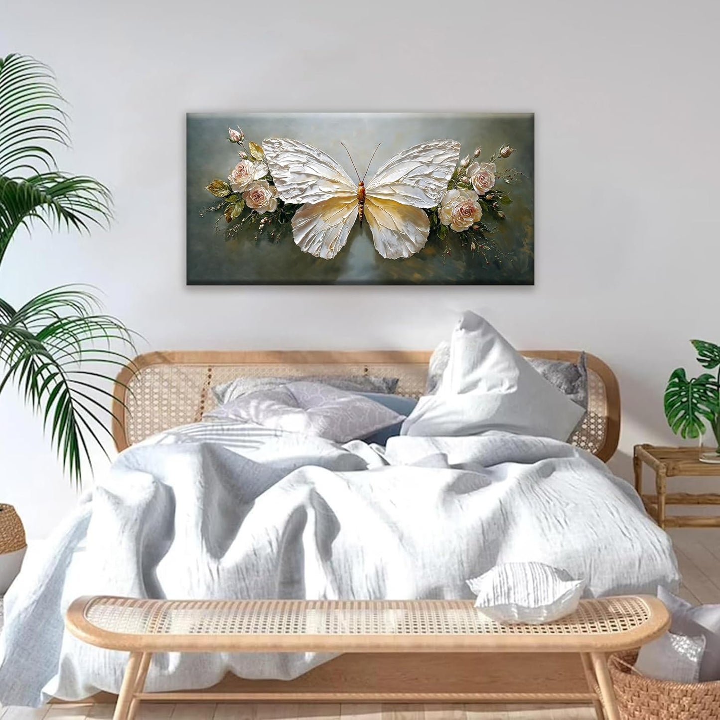 Modern Abstract Artwork White Simple Butterfly And Rose Wall Art Decor Canvas Prints Art Work For Wall Decor For Bedroom Living Room Apartment Kitchen Bathroom Office 20x40 Inch