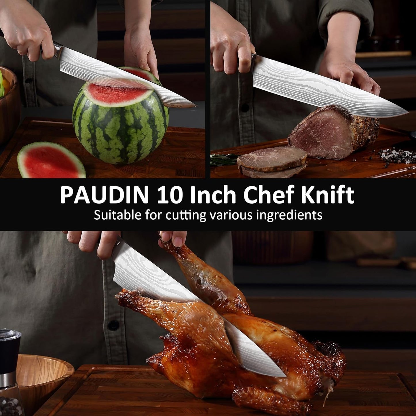 PAUDIN Chef Knife, 10 Inch Meat Knife, Ultra Sharp Brisket Slicing Knives, High Carbon Stainless Steel Kitchen Knife with Ergonomic Handle for BBQ, Roast, Meats and Vegetables
