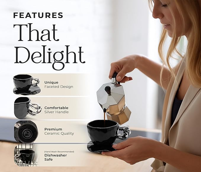 EmaRosa Ceramic Tea Cup Set with Silver Handle – Black Faceted Teacup and Saucer Set of 4 – Elegant Mugs Set of 4 for Coffee or Tea – Luxury Gift Box
