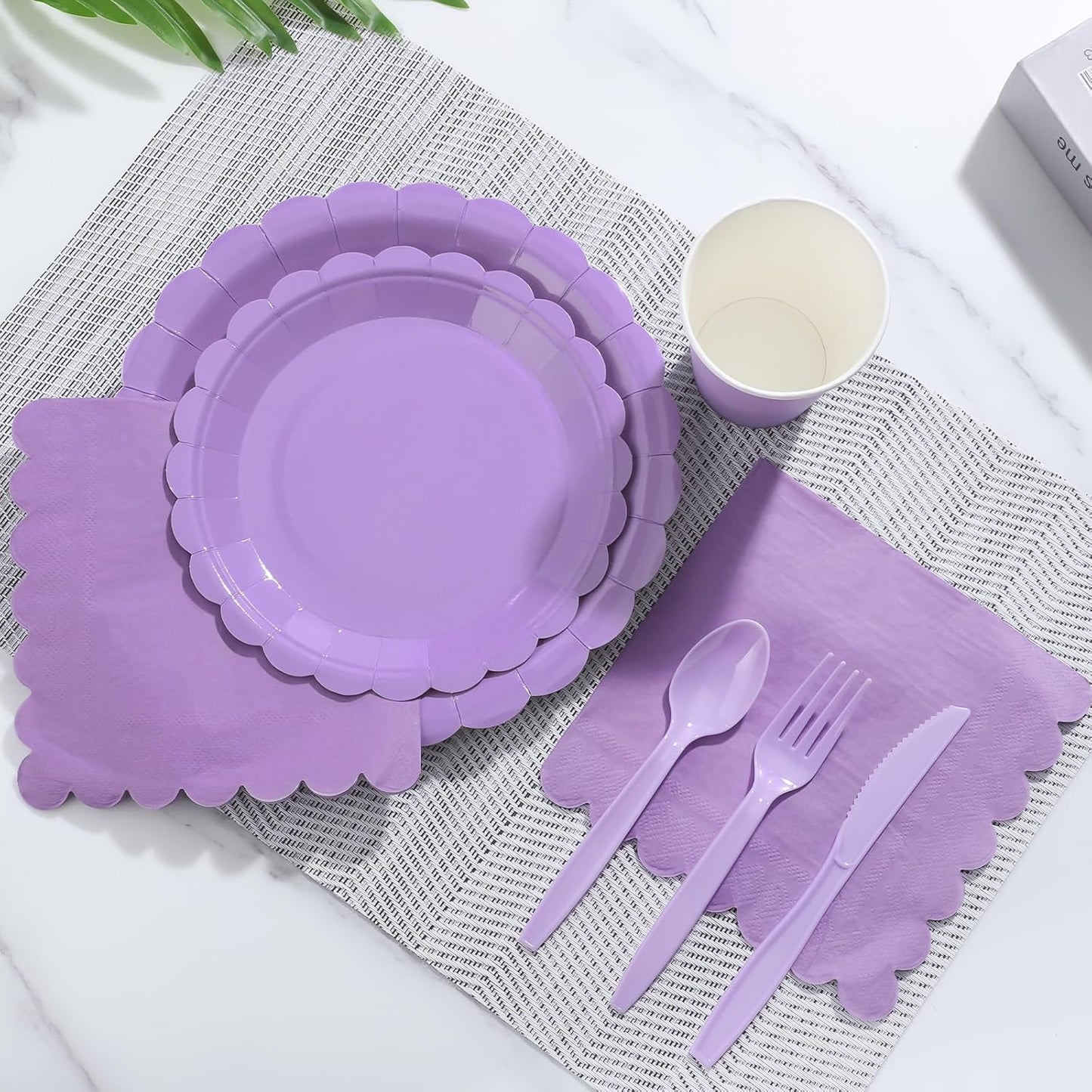 175 Pcs Lavender Paper Plates and Napkins, Light Purple Party Supplies Include Scalloped Lavender Plates Napkin Cup Plastic Cutlery for Garden Party, Baby Shower, Wedding, Birthday