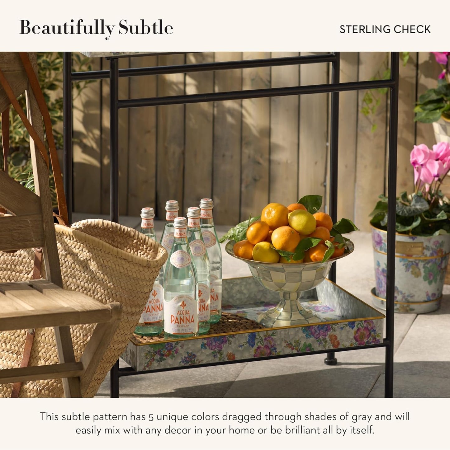 MACKENZIE-CHILDS Enamel Compote, Cute Enamel Pedestal Serving Dish or Decorative Bowl, Large, Gray-and-White Sterling Check