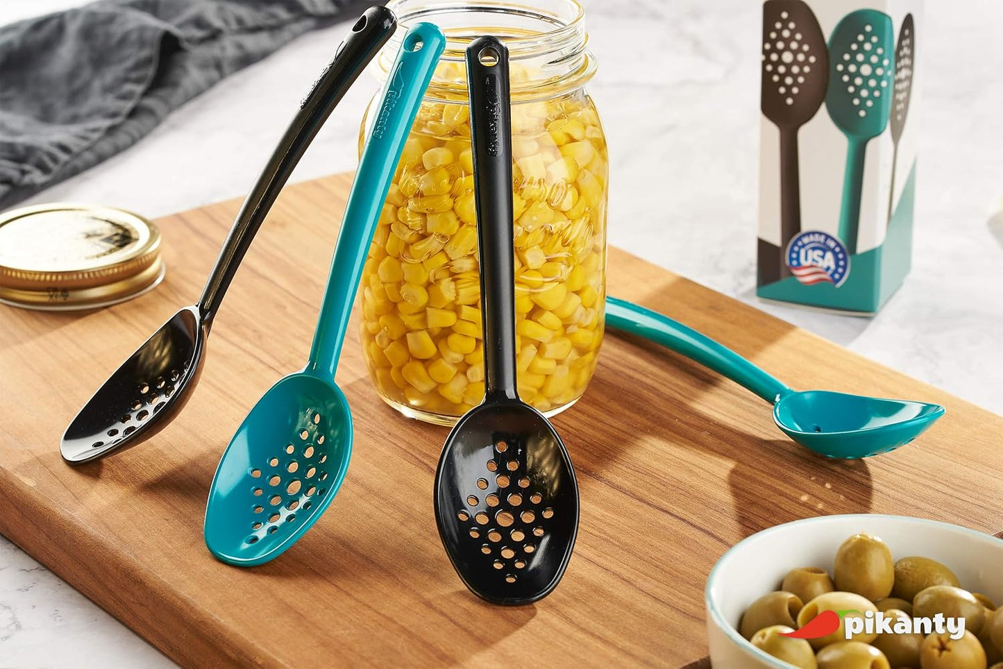 Pikanty - Small 7-Inch Slotted Serving Spoons (Pack of 4) - Perfect for Olives, Pickles & Condiments | Sturdy & Versatile | Made in USA