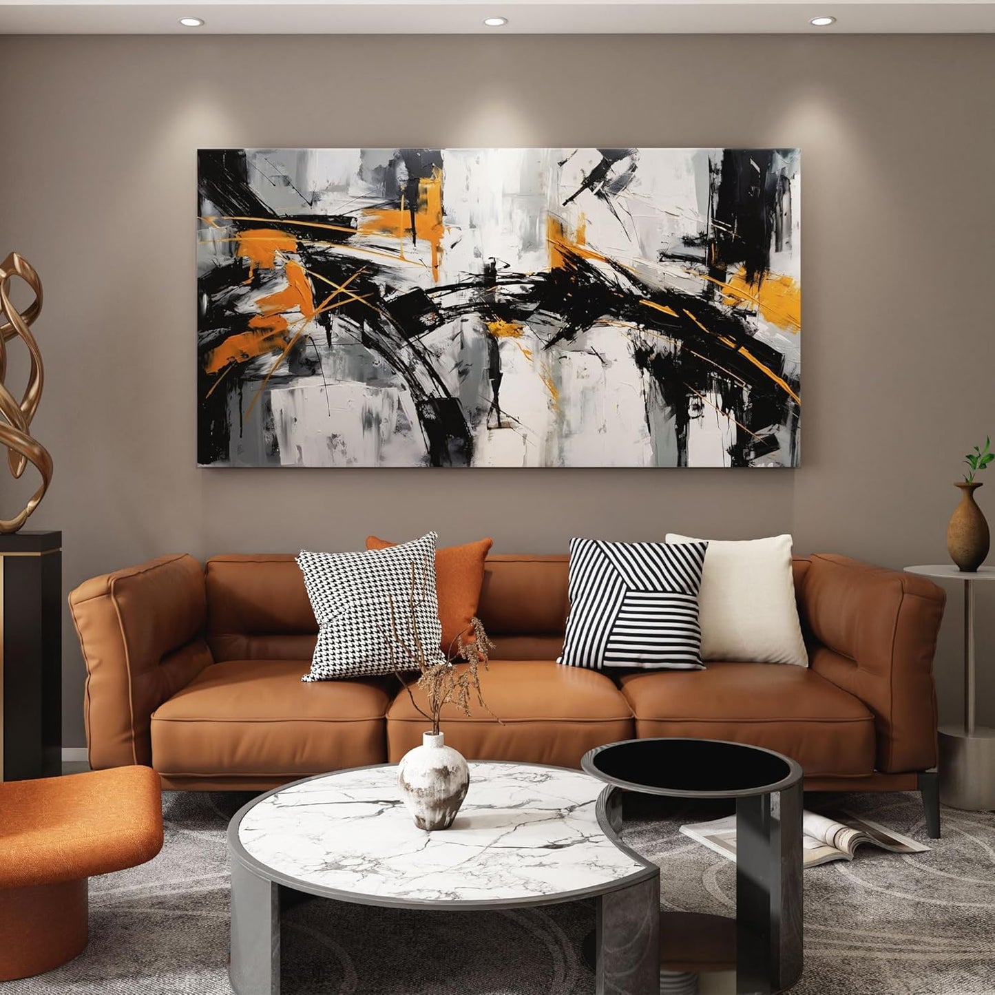 Black Abstract Canvas Wall Art Elegant and Modern Orange Wall Art for Living Room - Canvas Wall Decor for Office and Home - Large Framed Artwork for Walls , White, Gray and Unique Orange Accents 48×24in