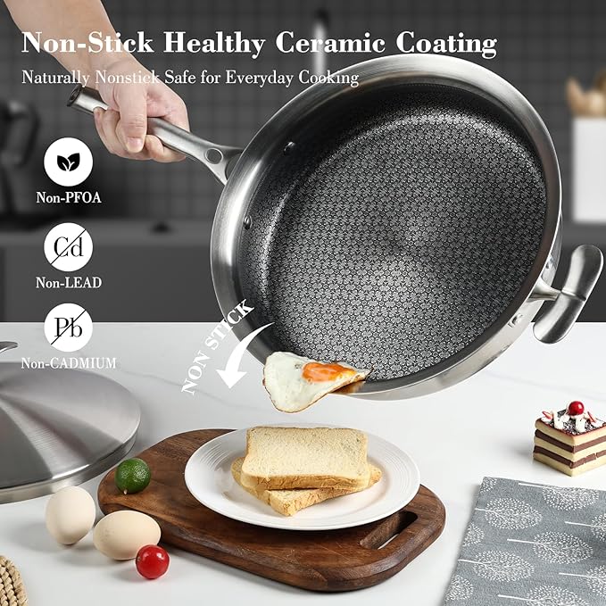 12 Inch Frying Pan Non Stick with Lid, Tri-ply Stainless Steel Saute Pan 5.2QT with Stainless Steel Lid, Fast and Even Heating Stay Cool Handles Induction Dishwasher & Oven Safe PFOA Free Cookware
