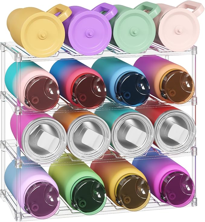 Lifewit Stackable Water Bottle Storage Organizer, Clear Tumbler Cup Mug Organizer, Plastic Large Compartment Wine Rack for Fridge Cellar Kitchen Pantry Storage, 4Tier Hold 16