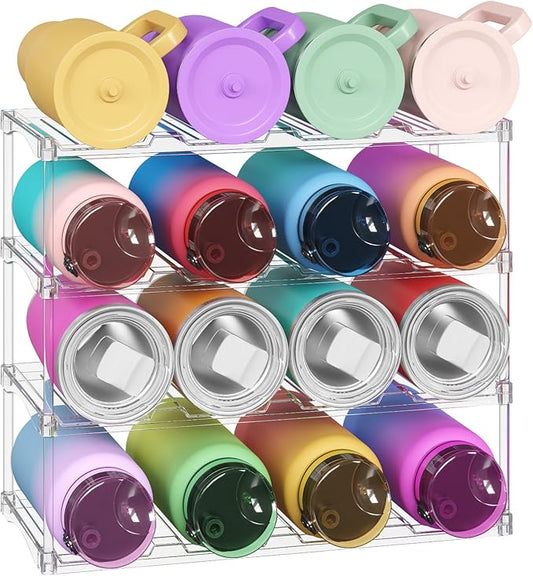 Lifewit Stackable Water Bottle Storage Organizer, Clear Tumbler Cup Mug Organizer, Plastic Large Compartment Wine Rack for Fridge Cellar Kitchen Pantry Storage, 4Tier Hold 16
