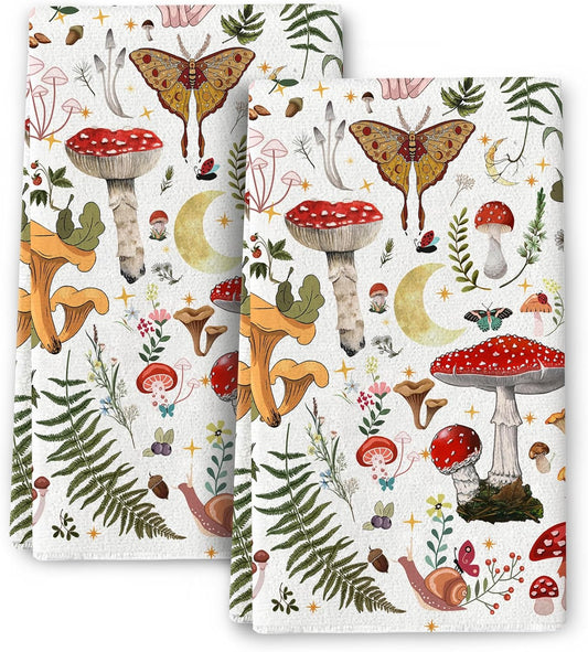 Cukemip Mushroom Decorative Kitchen Towels Aesthetic, Absorbent Beige Witchy Dish Towels Hand Towels Tea Towels for Kitchen Cooking Baking,Moth Gothic Witchy Gifts for Women