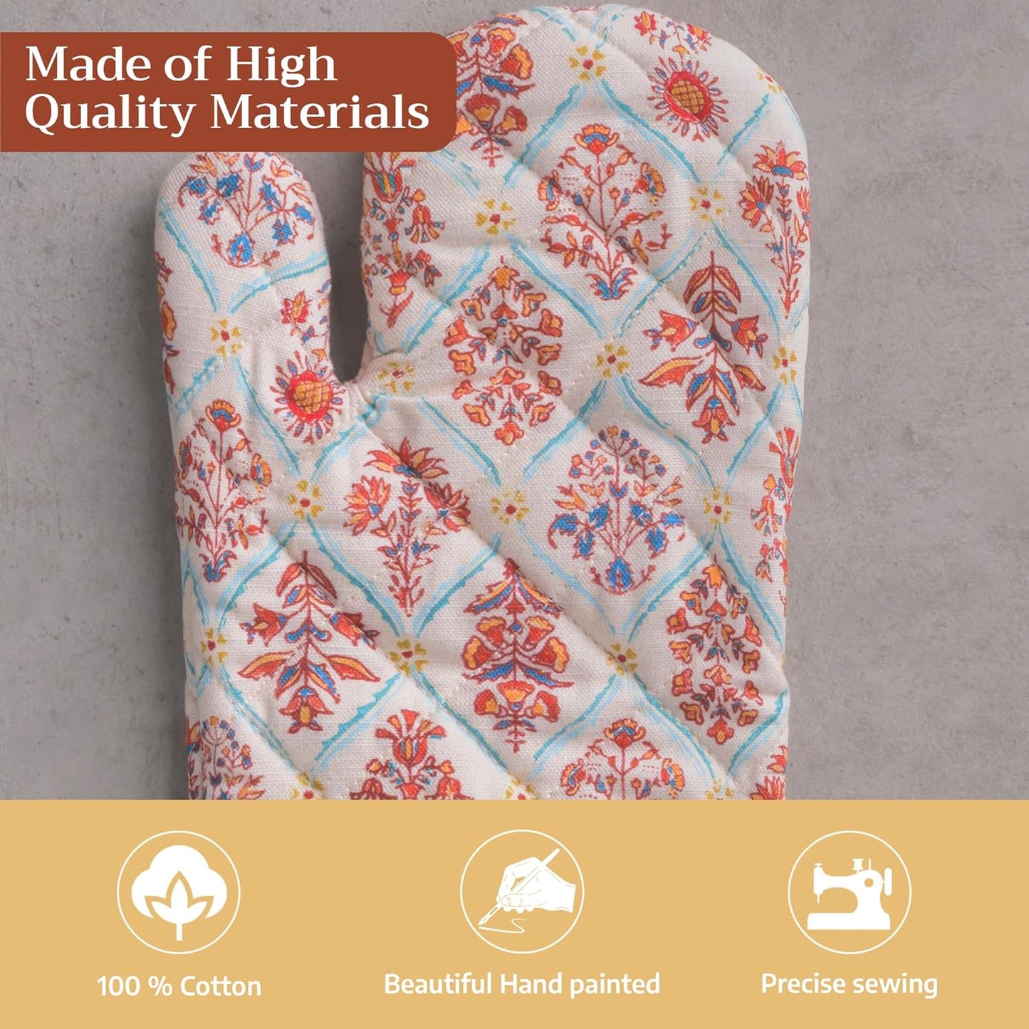 Maison d' Hermine Oven Gloves 100% Cotton Oven Mitt 7" x 13" with Loop Heat Resistant BBQ Cooking Gloves for Thanksgiving Christmas Decorations Baking Handling Hot Pans (Pack of 1, Romane)