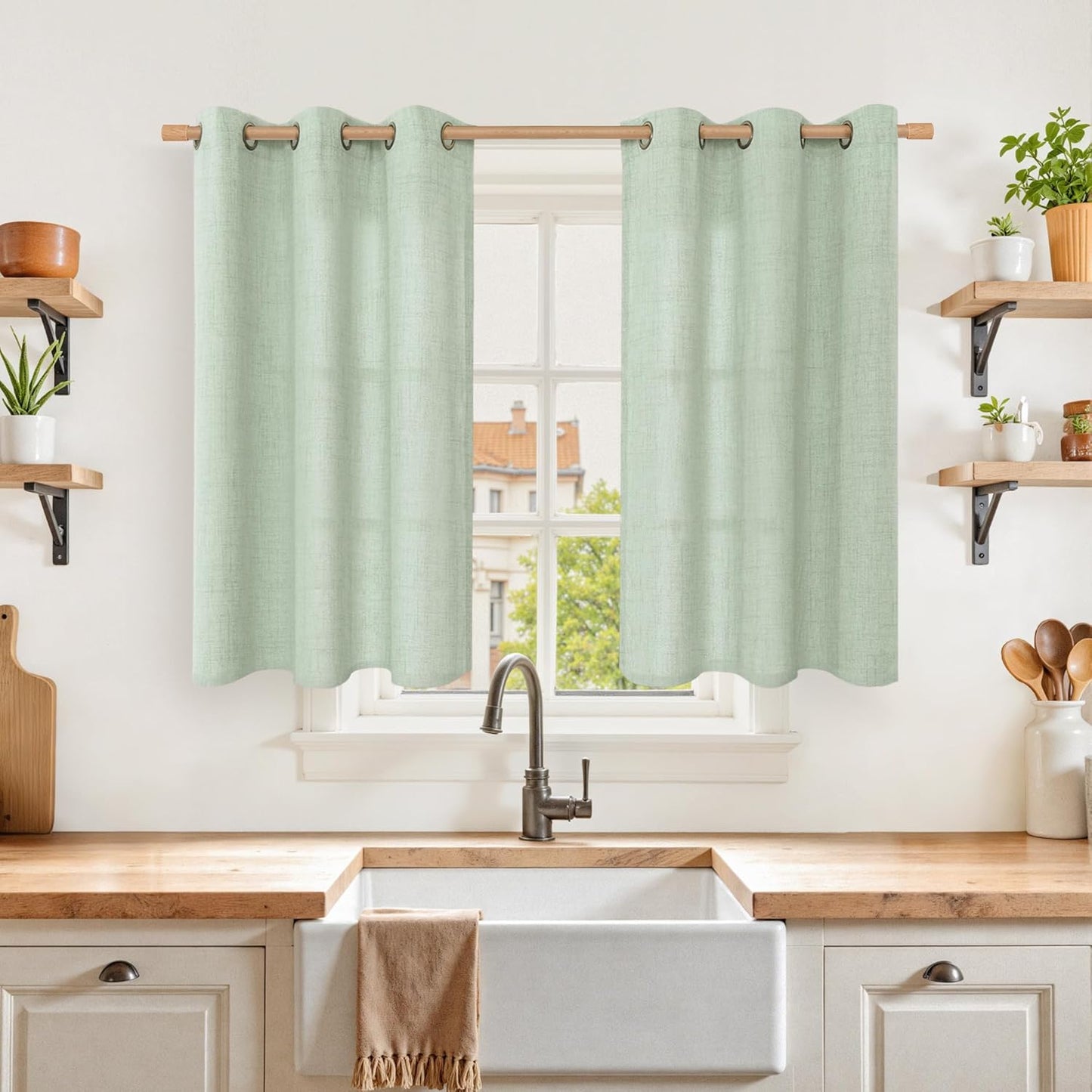 YoungsTex Sage Green Linen Curtains 40 Inches Length for Kitchen Window, Short Semi Sheer Drapes with Bronze Grommet Privacy Light Filtering for Bedroom Bathroom Cafe, 42 x 40 Inch, 2 Panels