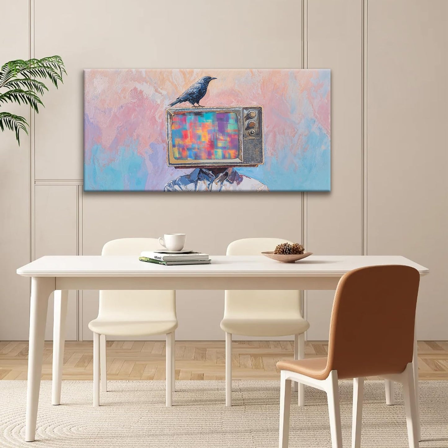 Abstract Art Wall Decor Prints Crow And Tv Head Wall Decorations Ready To Hang Modern Wall Art For Living Room Office Bedroom Bathroom Kitchen Canvas Prints Decor 20x40 Inch