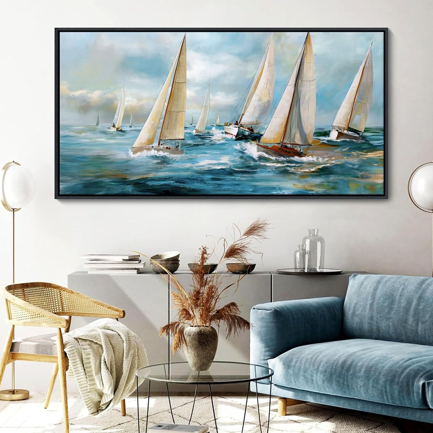 YDYSUNE Sailboat Wall Art - Blue Canvas Retro Painting Textured Picture Artwork Vintage Nautical Large Painting Coastal Modern Print Frame for Living Room Bedroom Home 20x40inch